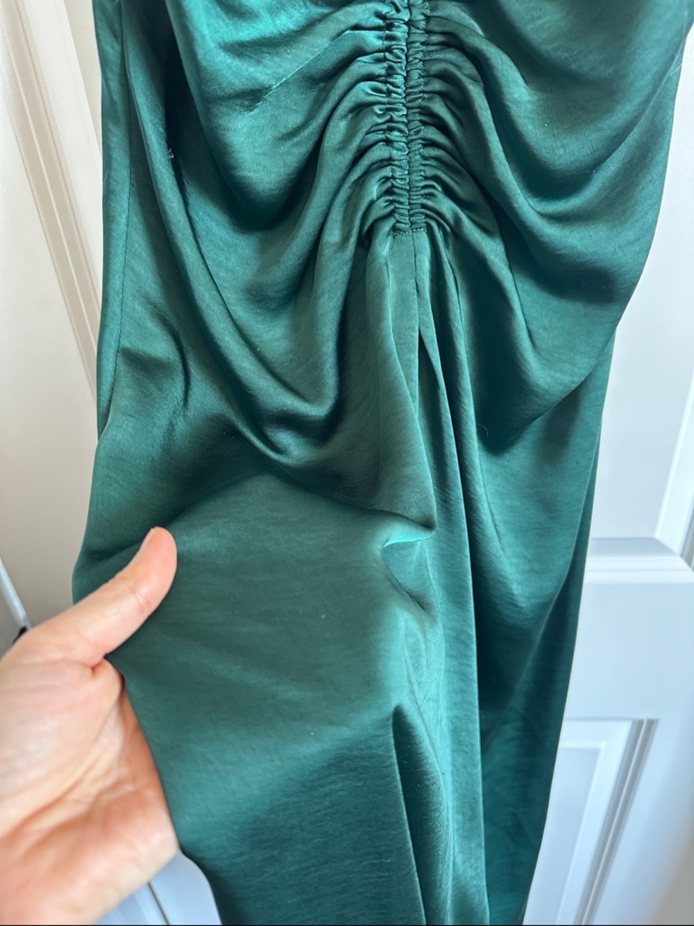 APRICOT Emerald Green Satin Ruched Midi Dress - Picture 3 of 9